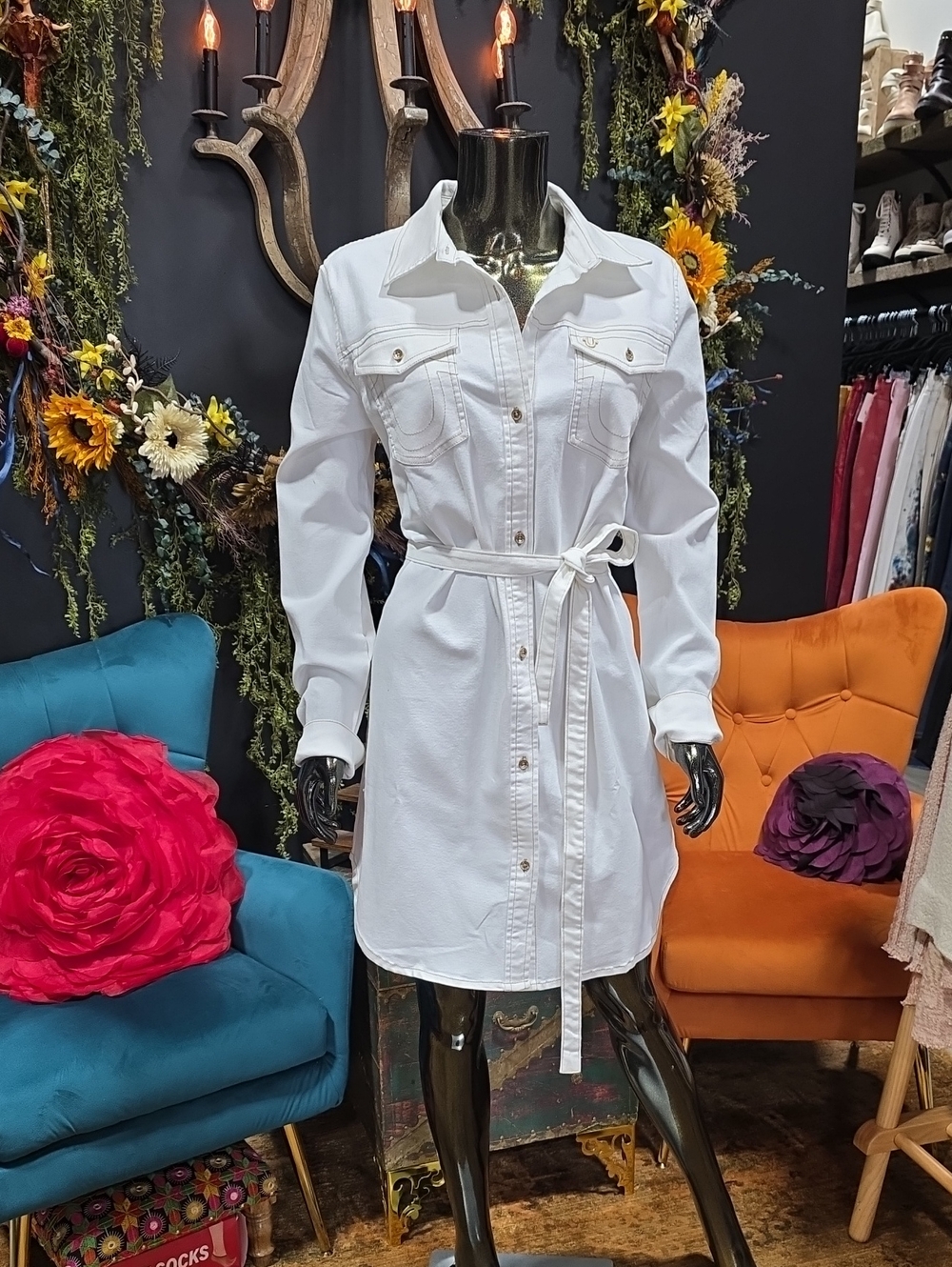 NEW! True Religion White Denim Shirt Dress with Belt